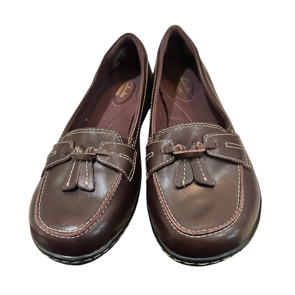 Clarks Brown Leather Loafers Tassel Comfort Flats Women Size 8.5 XW Extra Wide